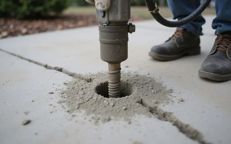 Close-up of a coin-sized injection port with the nozzle seated in a concrete slab