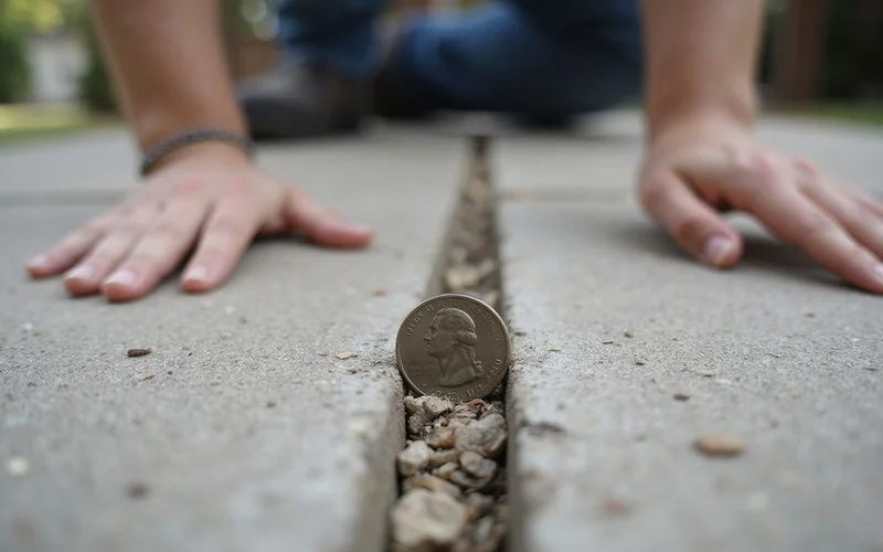 A coin held in the open joint between two driveway slabs to gauge the gap