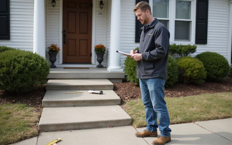 Contractor writing a free on-site estimate beside a settled residential walkway