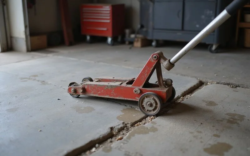 A floor jack catching on a stepped edge between two garage slab sections