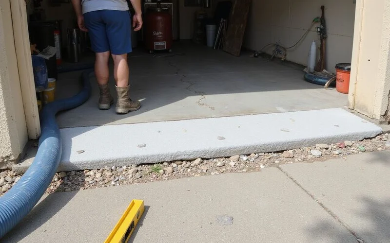 Foam injection lifting a garage apron slab back level