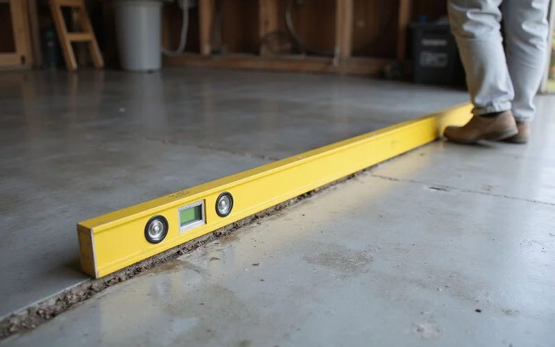 A level laid across a dipped garage floor section showing the gap
