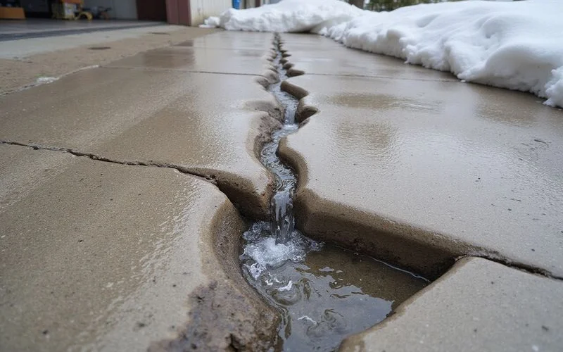 Meltwater running into an open joint in a concrete driveway