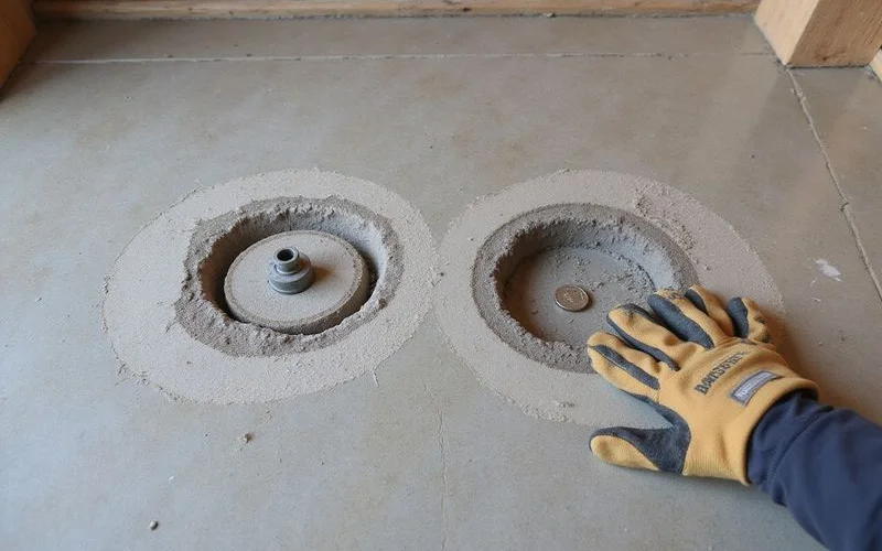 Patched foam port beside a patched mudjacking hole in finished concrete
