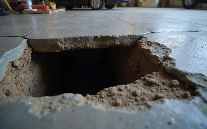 Void visible beneath a garage slab at the edge of a settlement crack