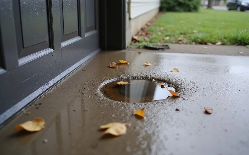 Water pooling at a garage threshold on a driveway that has settled toward the house