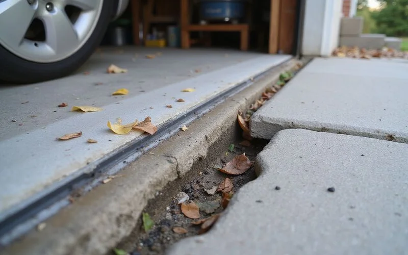 Wedge-shaped gap under a garage door with debris along the threshold line