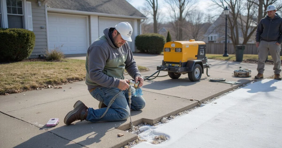 Contractor injecting polyurethane foam through a small port in a residential driveway