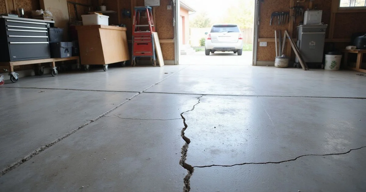 Cracked and sunken garage floor slab with a visible dip across the bay
