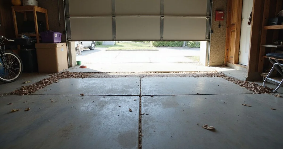 Daylight showing through the gap under a closed garage door where the slab dropped