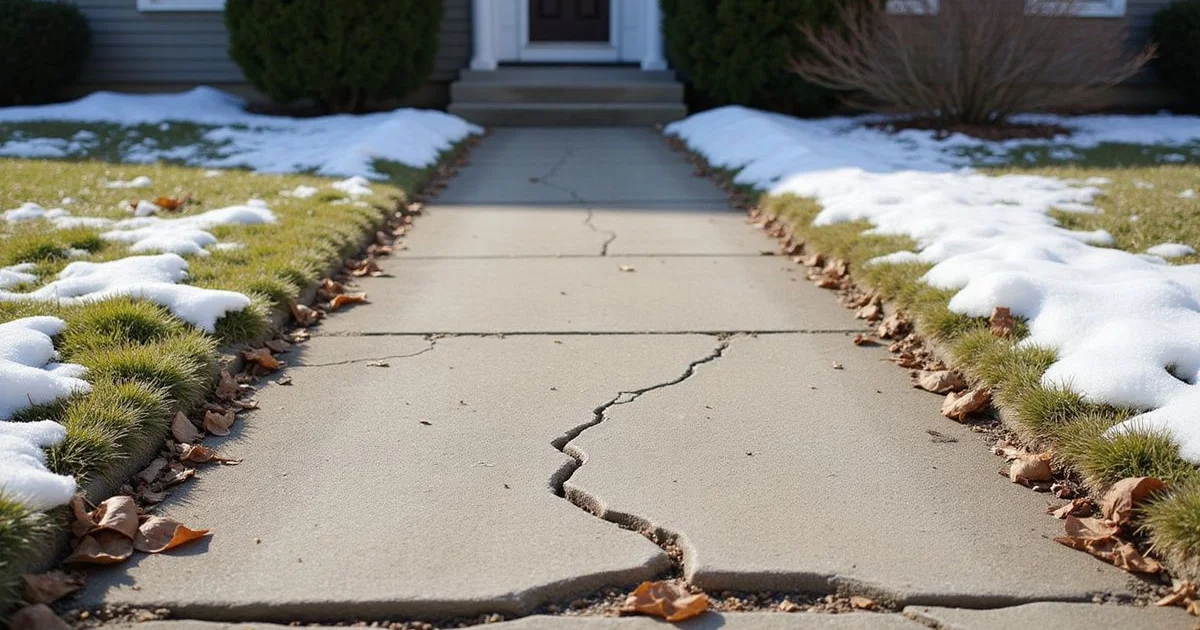 Frost-heaved and cracked concrete walkway in a Connecticut yard with patchy snow