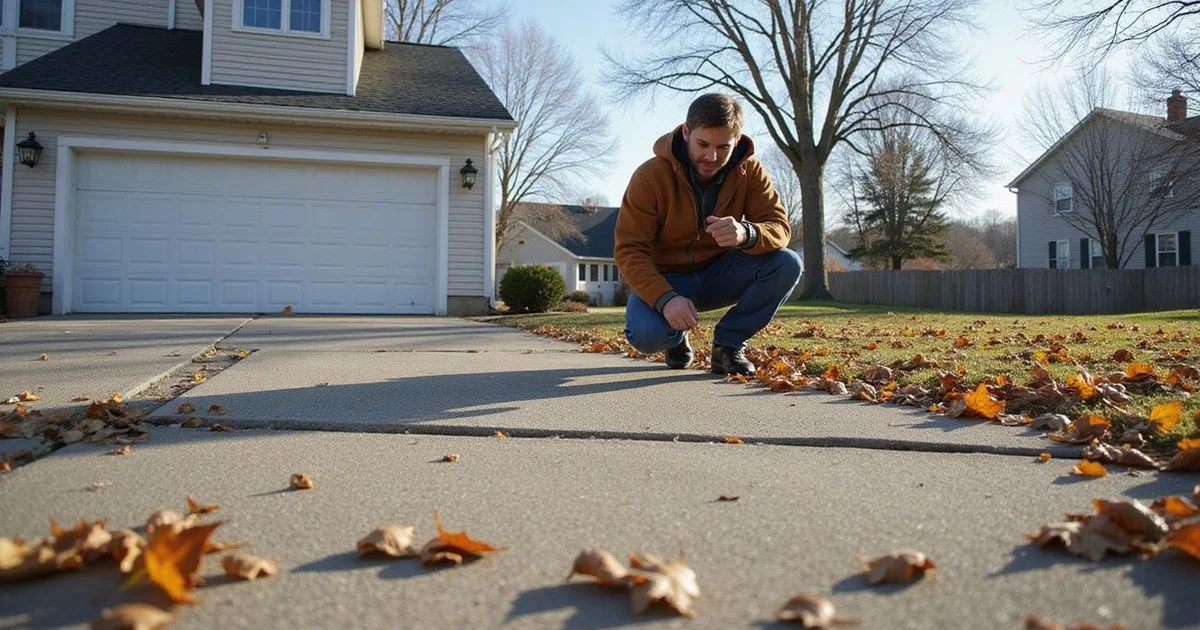 Homeowner inspecting a settled driveway section in late autumn in Connecticut