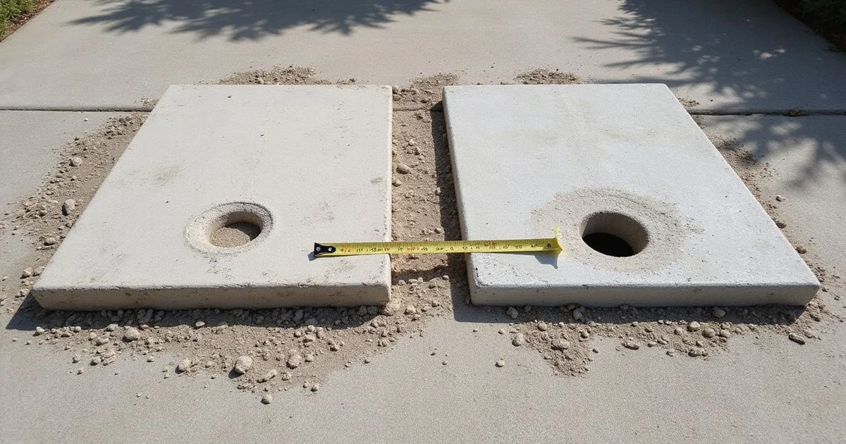 Split comparison showing a small foam injection port beside a larger mudjacking hole