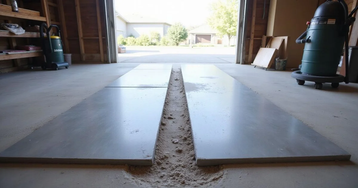 Two garage slab sections stepped apart at a control joint