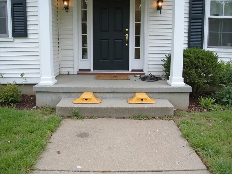 Front walkway flags stepped apart forming a trip edge