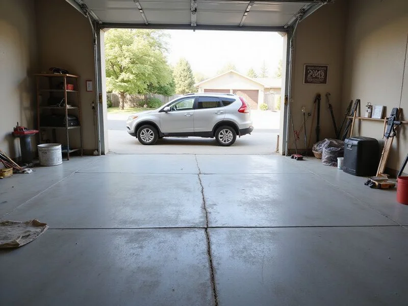 Garage floor with a dip and settlement crack before lifting