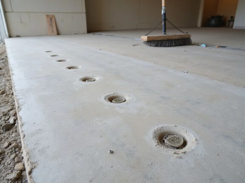 Row of patched coin-sized injection ports across a finished slab