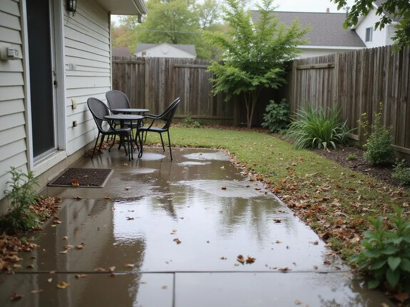 Settled patio slab tilted toward the house holding standing water