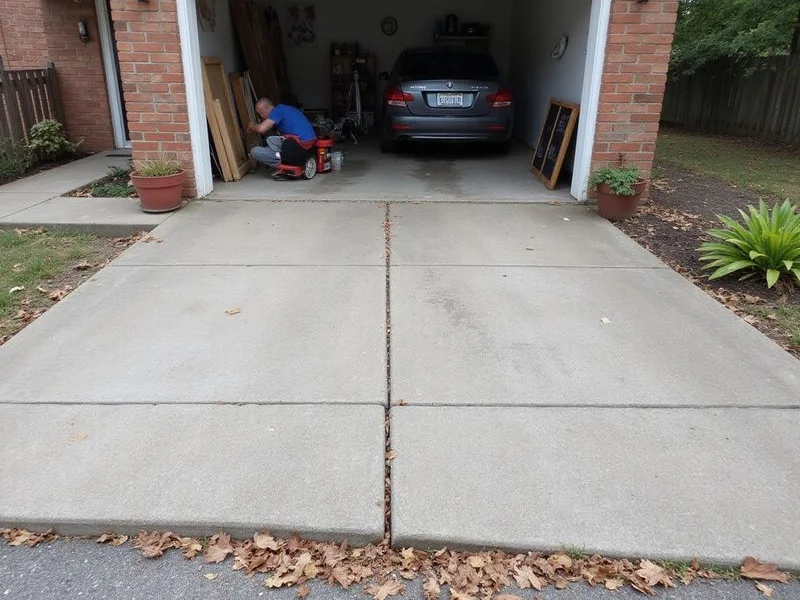 Sunken driveway apron dropped at the garage door with an open joint