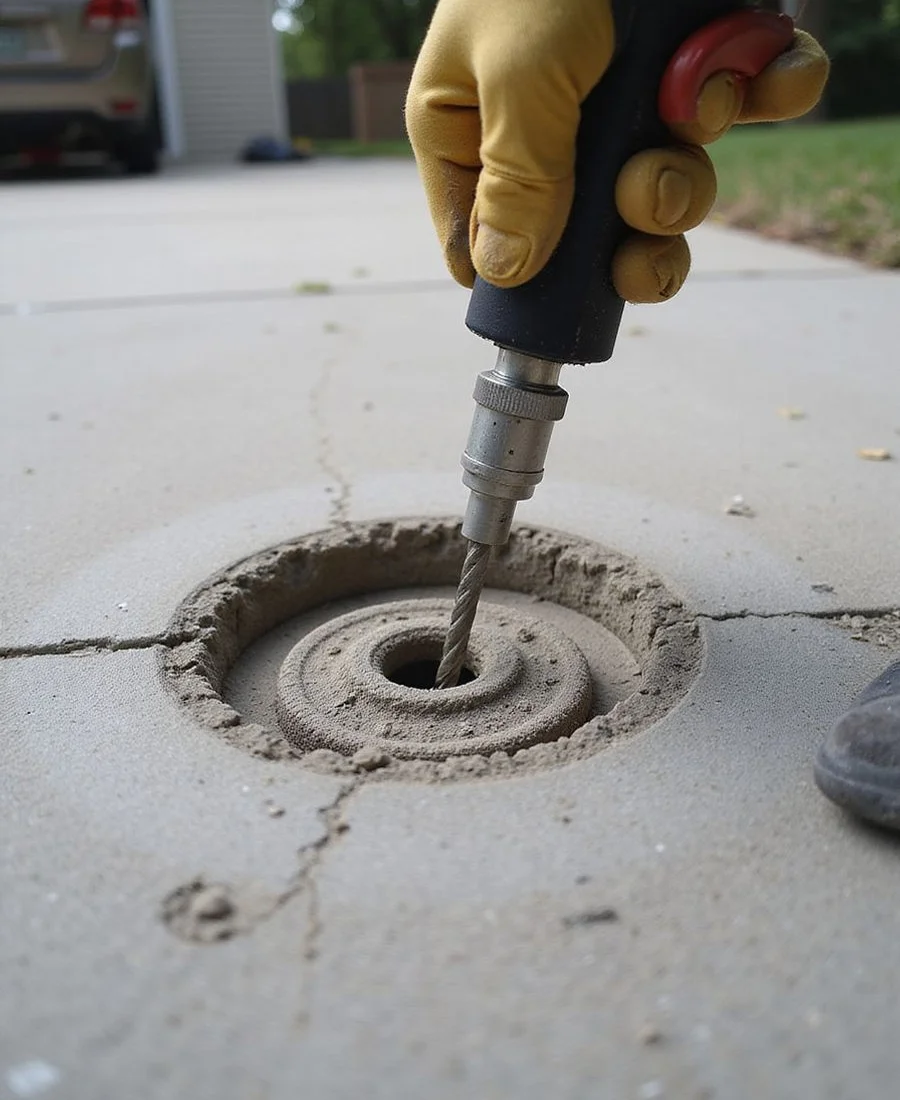 Close-up of a coin-sized injection port drilled in a concrete driveway with the foam nozzle in place