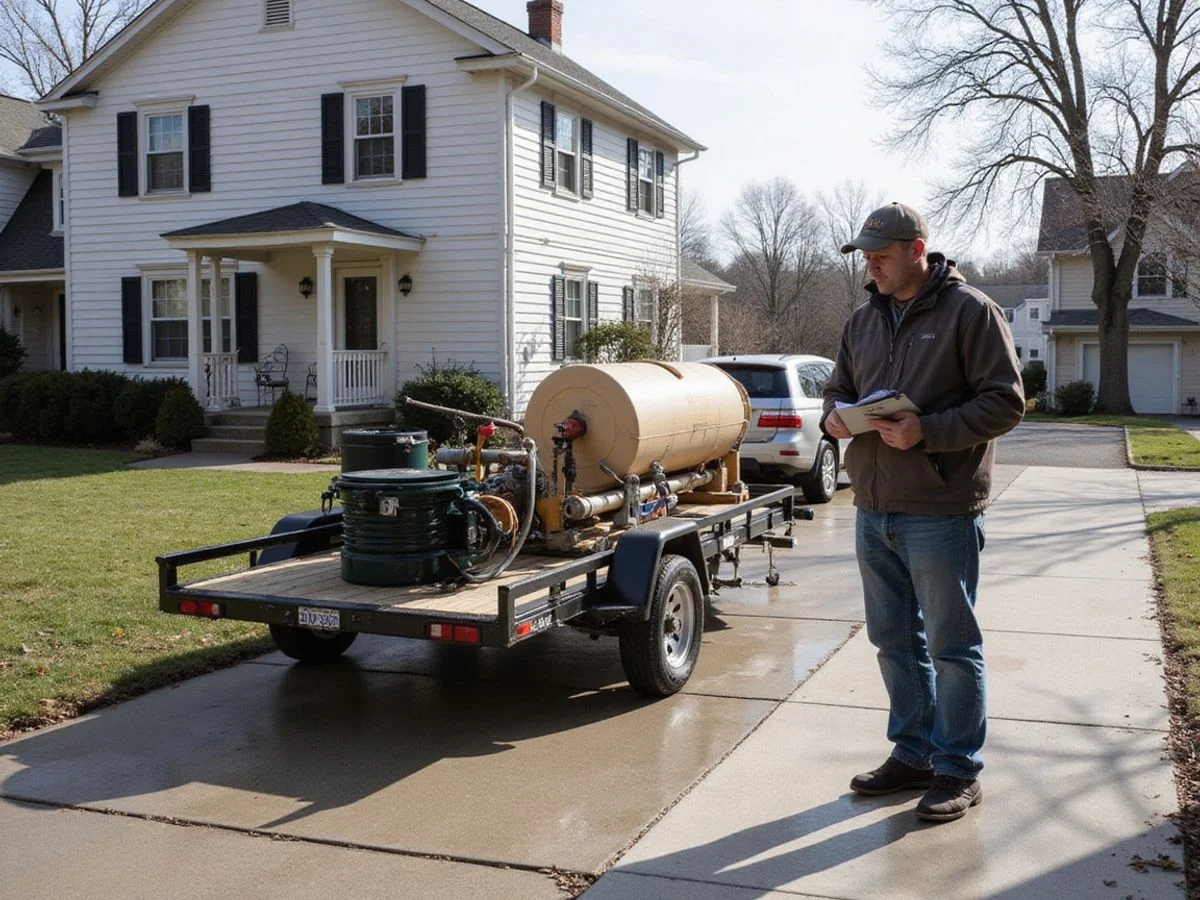 Concrete contractor standing beside a polyurethane injection rig on a Connecticut driveway