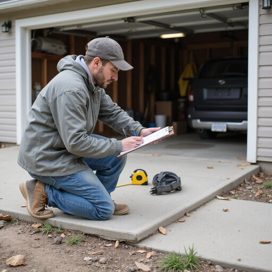 Concrete contractor writing an on-site estimate on a clipboard beside a settled garage apron slab
