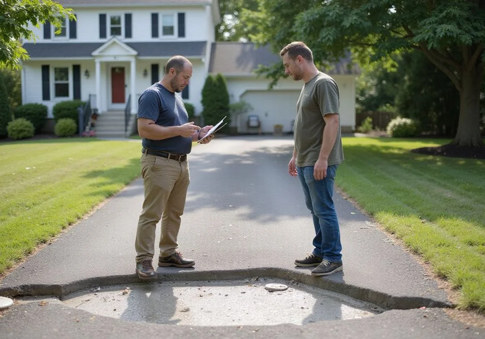 Contractor and homeowner discussing a settled concrete section on a residential driveway