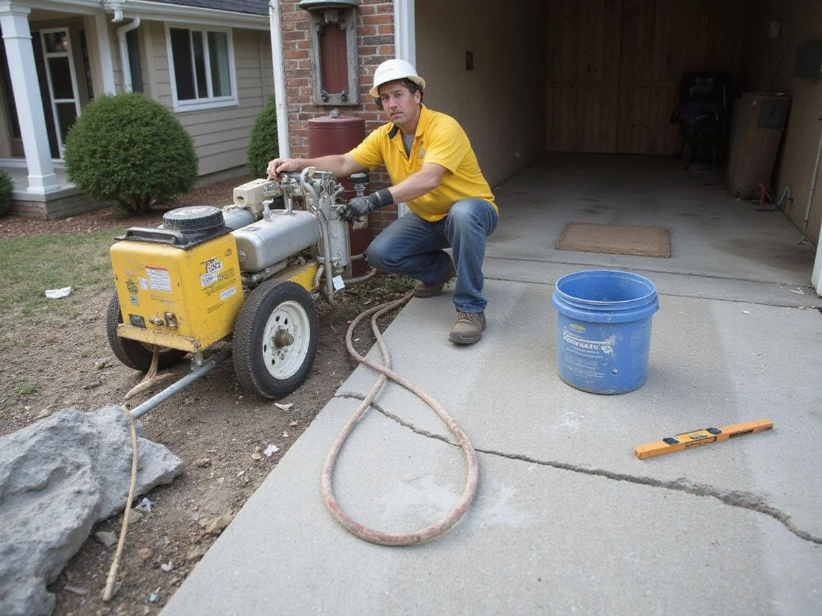 Contractor injecting polyurethane foam through a small port to lift a settled residential driveway slab