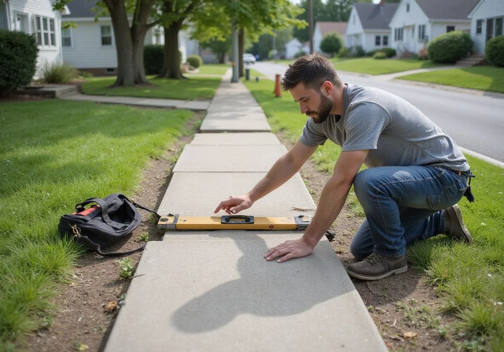 Checking the level across stepped concrete flags on a residential walkway near Glastonbury