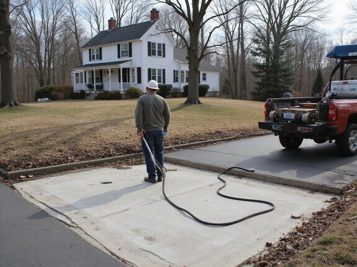 Contractor lifting a settled residential driveway slab with polyurethane foam injection
