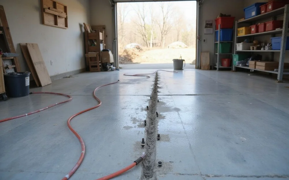 Injection ports drilled across a garage floor with the hose run out to the door