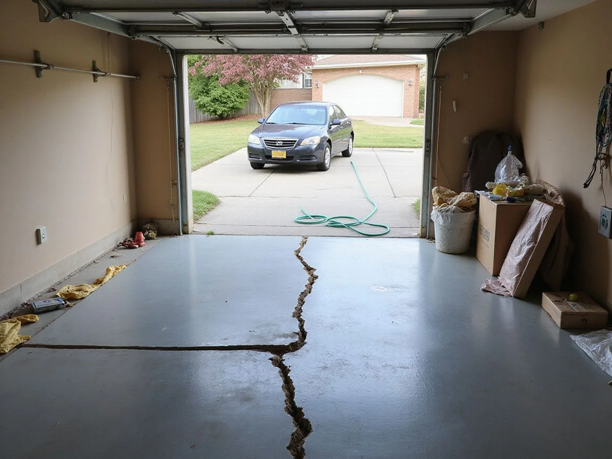Interior garage slab with a visible dip being lifted by polyurethane injection