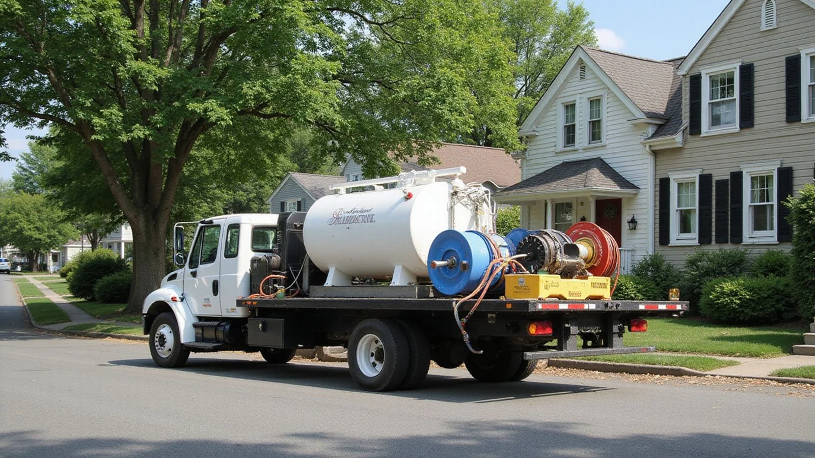 Service truck with a polyurethane injection rig parked on a residential street in a Connecticut suburb