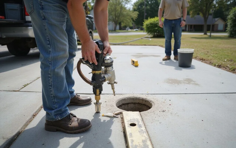 Technician injecting foam through a small driveway port while monitoring the lift