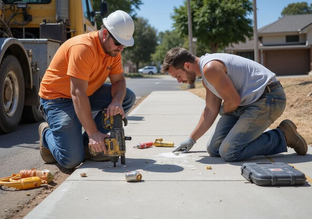 Crew members setting injection ports along a settled driveway section