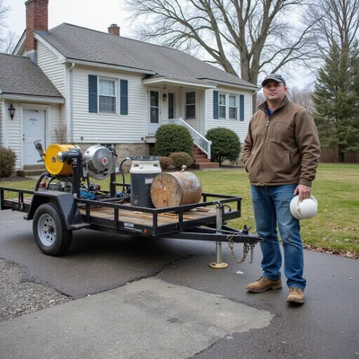 Claude, founder of CT Pro Concrete Leveling, standing beside the injection rig on a Connecticut driveway
